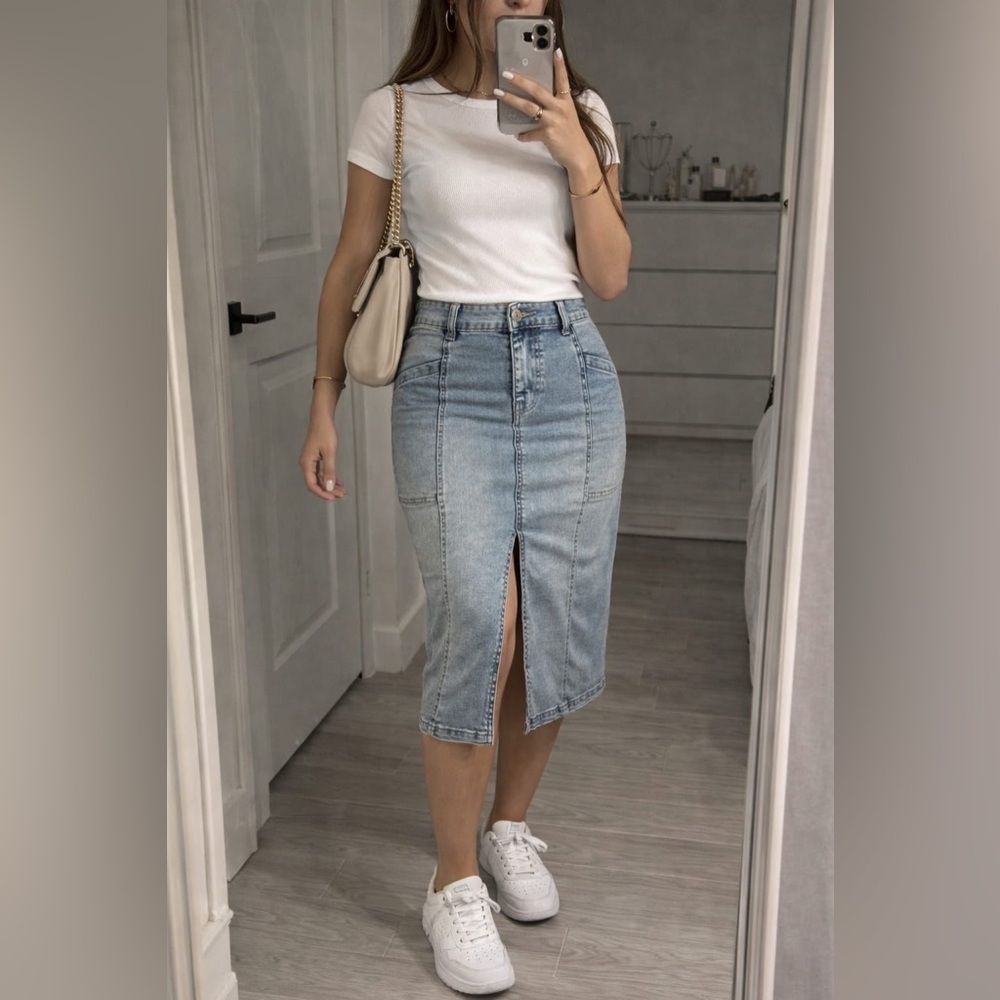 Weekenders Faded Light Blue Denim Pencil Skirt with Front Slit